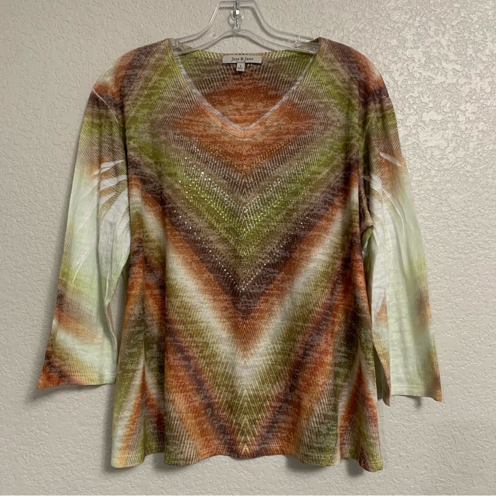 Jess Jane Tee Top Womens L Boho Artsy Abstract Print Rhinestone Stud Lightweight